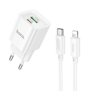 Мережевий зарядний пристрій з кабелем HOCO C147A Charm PD20W+QC3.0 charger set (C to iP)(EU) White 508495914 фото