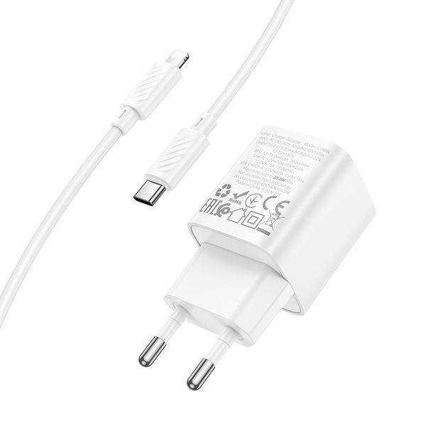 Мережевий зарядний пристрій з кабелем HOCO C147A Charm PD20W+QC3.0 charger set (C to iP)(EU) White 508495914 фото