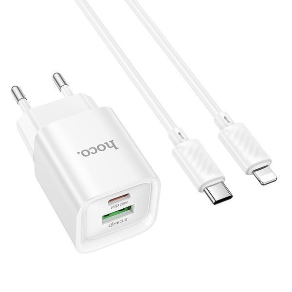 Мережевий зарядний пристрій з кабелем HOCO C147A Charm PD20W+QC3.0 charger set (C to iP)(EU) White 508495914 фото