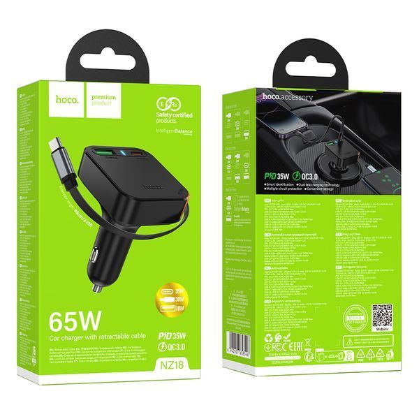 Автомобильное зарядное устройство HOCO NZ18 Guardian PD65W(2C1A) car charger with retractable cable Black 904568498 фото