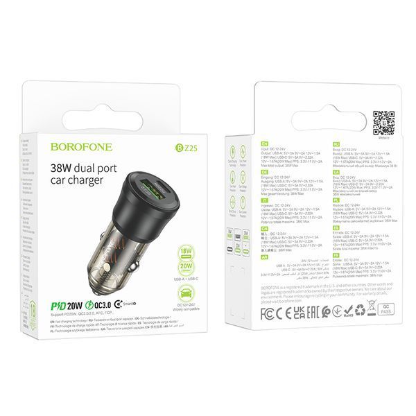 Автомобільний зарядний пристрій BOROFONE BZ25 Journey PD38W(1C1A) car charger Transparent Black 696218258 фото