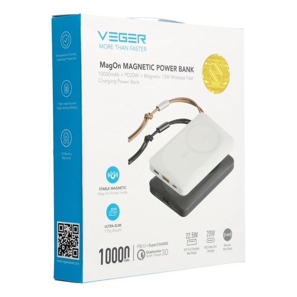 Зовнішній акумулятор VEGER 10000 mAh with wireless charging compatible with MagSafe PD QC3.0 2A 20W MagOn (VP1151 / W1151) white 102507118 фото