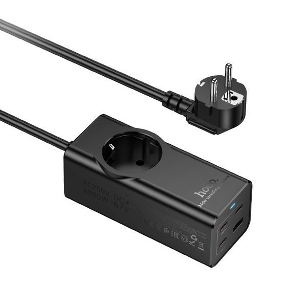 Сетевой подовжувач HOCO NS9 Wisdom 1-position (PD67W/3C1A) desktop socket (EU/GER) (2 m) Black 106690900 фото