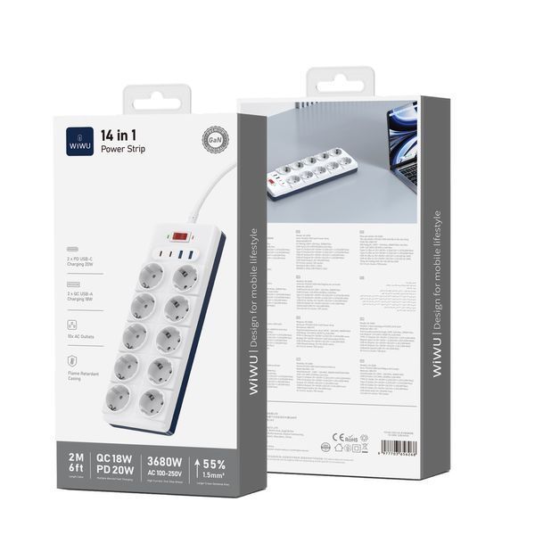 Мережевий подовжувач WIWU 14 in 1 20W GaN Power Strip 2C+2A+10AC Wi-S008 EU (2 m) White 132377709 фото
