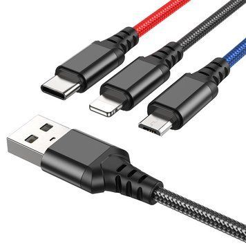 Кабель HOCO X76 USB to iP+Type-C+Micro 2A, 1m, nylon, aluminum connectors Black+Red+Blue 465289537 фото
