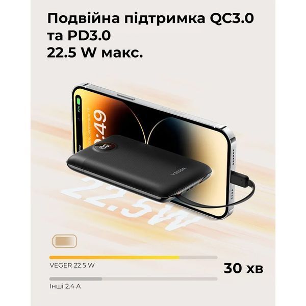 Внешний аккумулятор VEGER 10000 mAh with built-in cables Type C / Lightning PD QC3.0 2A 22,5W C11 (W1170) black 768317324 фото