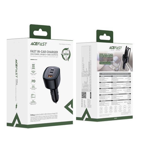 Автомобільний зарядний пристрій ACEFAST B18 200W(2USB-C+USB-A)fast car charger Black 301896812 фото