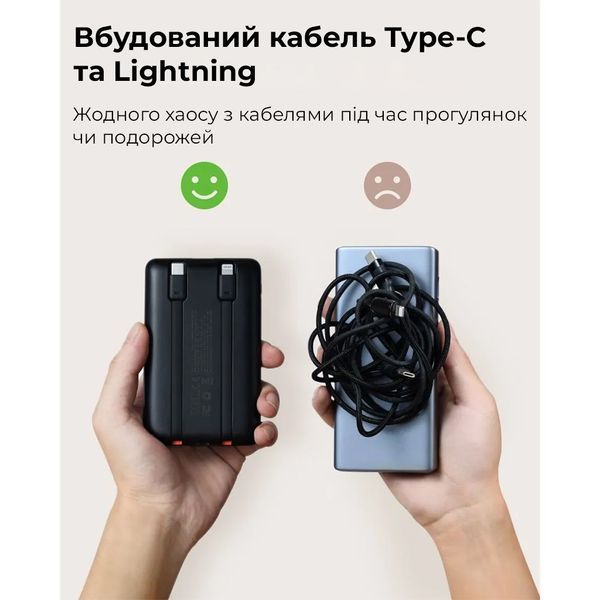 Внешний аккумулятор VEGER 10000 mAh with built-in cables Type C / Lightning PD QC3.0 2A 22,5W C11 (W1170) black 768317324 фото