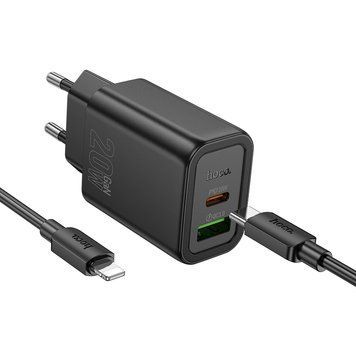 Мережевий зарядний пристрій з кабелем HOCO N61 Gentle PD20W+QC3.0 charger set(C to iP) Black 307357999 фото