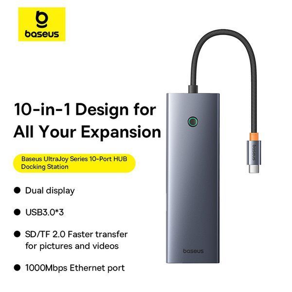 USB-хаб Baseus UltraJoy Series 10-Port HUB Docking Station Space Grey（Type-C to HDMI4K@60Hz*1+VGA*1+USB 3.0*3+PD*1+RJ45*1+SD/TF*1+3.5mm*1） 834958171 фото