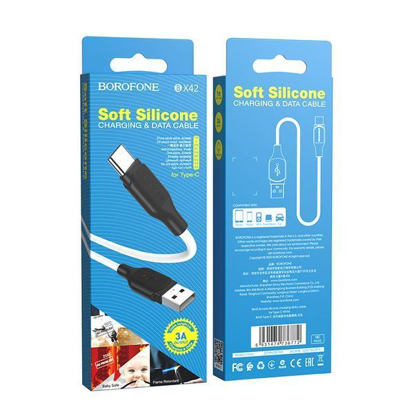Кабель BOROFONE BX42 USB to Type-C 3A, 1m, silicone, TPE connectors, White 933896544 фото