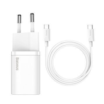 Мережевий зарядний пристрій з кабелем Baseus Super Si Quick Charger 1C 25W EU Sets White（ Mini White Cable Type-C to Type-C 3A 1m White） 635614979 фото