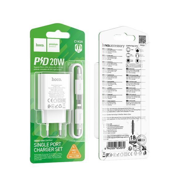Сетевое зарядное устройство с кабелем HOCO C143A Benefit single port PD20W charger set(C to iP) White 106178432 фото