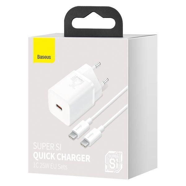 Мережевий зарядний пристрій з кабелем Baseus Super Si Quick Charger 1C 25W EU Sets White（ Mini White Cable Type-C to Type-C 3A 1m White） 635614979 фото