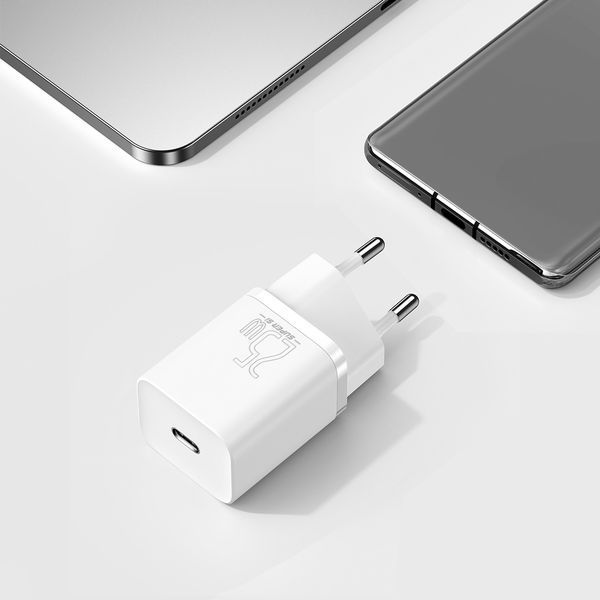 Мережевий зарядний пристрій з кабелем Baseus Super Si Quick Charger 1C 25W EU Sets White（ Mini White Cable Type-C to Type-C 3A 1m White） 635614979 фото
