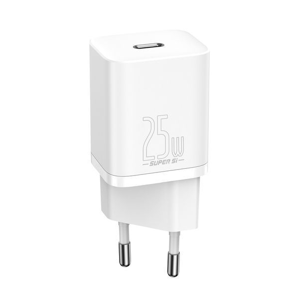 Мережевий зарядний пристрій з кабелем Baseus Super Si Quick Charger 1C 25W EU Sets White（ Mini White Cable Type-C to Type-C 3A 1m White） 635614979 фото