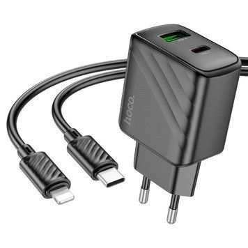 Мережевий зарядний пристрій з кабелем HOCO CS23A Sunlight dual-port PD30W+QC3.0 charger set (C to iP)(EU) Black 111124984 фото