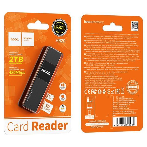 Кардрідер HOCO HB20 Mindful 2-in-1card reader(USB2.0) Black 208282794 фото