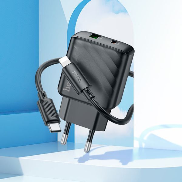Мережевий зарядний пристрій з кабелем HOCO CS23A Sunlight dual-port PD30W+QC3.0 charger set (C to iP)(EU) Black 111124984 фото
