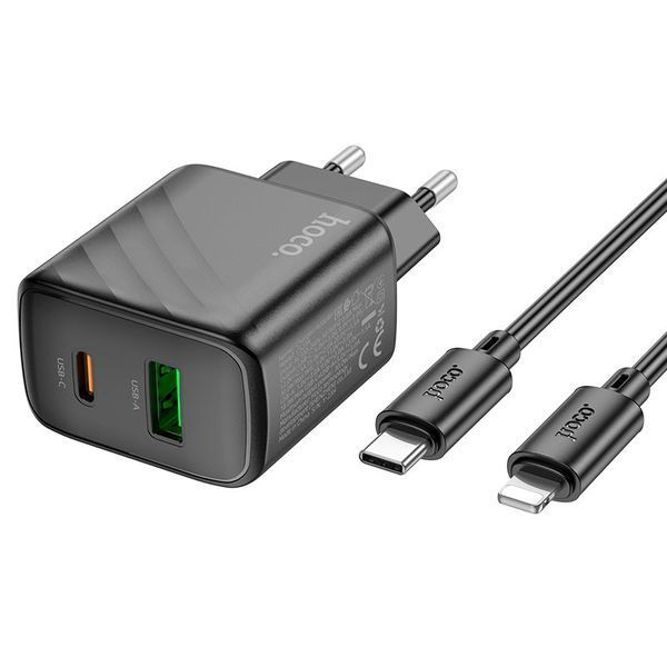 Мережевий зарядний пристрій з кабелем HOCO CS23A Sunlight dual-port PD30W+QC3.0 charger set (C to iP)(EU) Black 111124984 фото