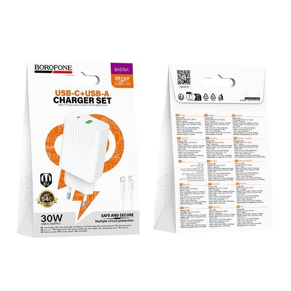 Мережевий зарядний пристрій з кабелем BOROFONE BAS76A Source PD30W+QC3.0 charger set(C to iP) White 962495361 фото