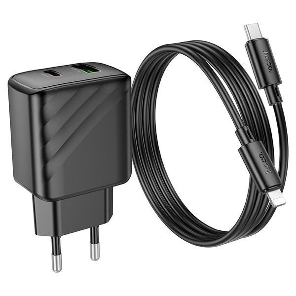 Мережевий зарядний пристрій з кабелем HOCO CS23A Sunlight dual-port PD30W+QC3.0 charger set (C to iP)(EU) Black 111124984 фото