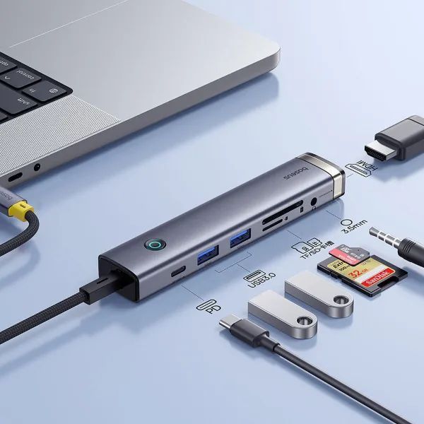 USB-хаб Baseus UltraJoy Series 7-Port HUB AIR Space Grey (Type-C to HDMI4K@60Hz*1+USB3.0*2+PD*1+SD/TF3.0*1+3.5mm*1) 224523697 фото
