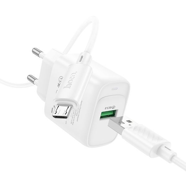 Сетевое зарядное устройство с кабелем HOCO C140A Smart single port QC3.0 charger set (Micro)(EU) White 469676098 фото