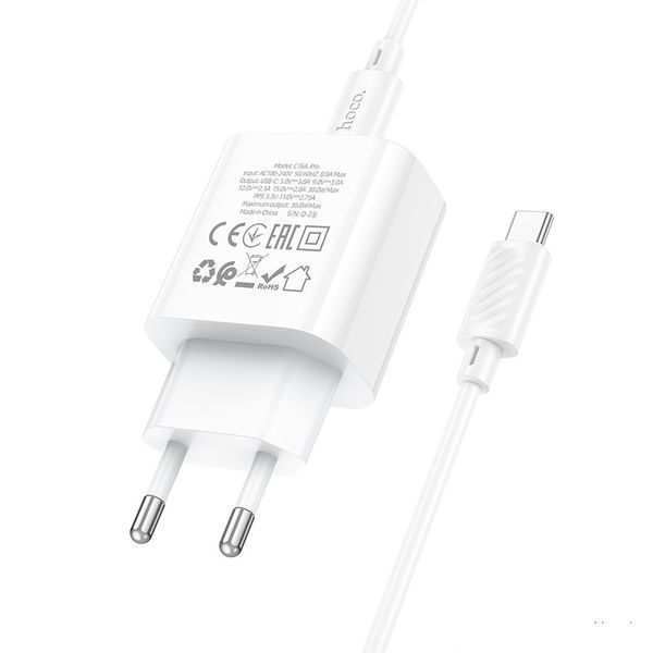 Сетевое зарядное устройство с кабелем HOCO C76A Pro Majestic single port PD30W charger set (Type-C to Type-C)(EU) White 752304326 фото