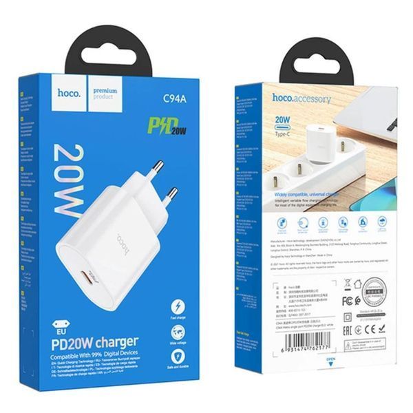 Сетевое зарядное устройство с кабелем HOCO C94A Metro single port PD20W charger set(Type-C to Type-C) White 966574910 фото