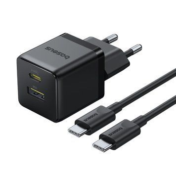 Сетевое зарядное устройство с кабелем Baseus Palm Fast Charger C+U 30W EU Cluster Black (with Baseus Mini White Cable USB-C to USB-C 60W (20V/3A) 1m) 779756008 фото