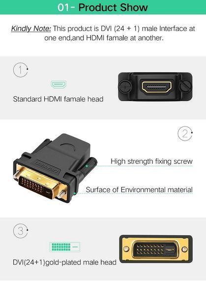 Адаптер UGREEN 20124 DVI 24+1 Male to HDMI Female Adapter (Black) (UGR-20124) 115614564 фото