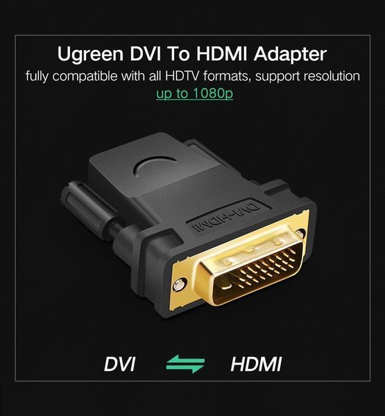 Адаптер UGREEN 20124 DVI 24+1 Male to HDMI Female Adapter (Black) (UGR-20124) 115614564 фото