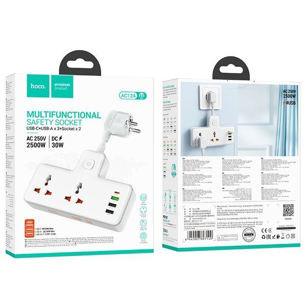 Сетевой подовжувач HOCO AC12A Reise 2-position expansion socket(PD30W/1C3A) (8.5 cm) White 506655300 фото