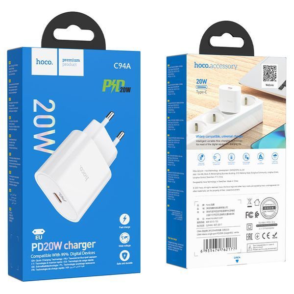 Мережевий зарядний пристрій HOCO C94A Metro single port PD20W charger White 509778072 фото