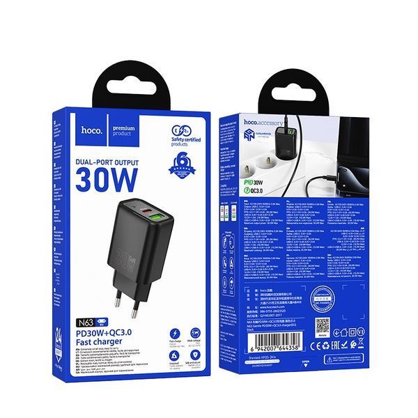 Сетевое зарядное устройство HOCO N63 Gentle PD30W+QC3.0 charger (EU) Black 494154393 фото