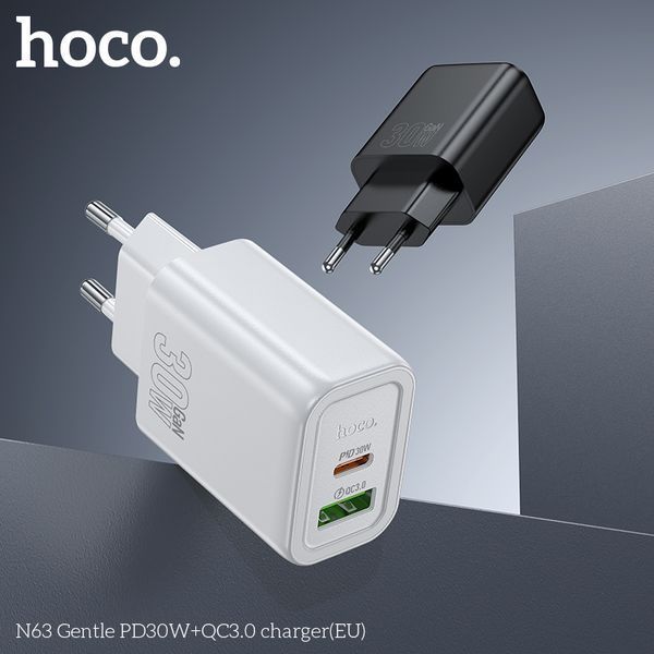 Сетевое зарядное устройство HOCO N63 Gentle PD30W+QC3.0 charger (EU) Black 494154393 фото