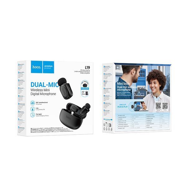 Бездротова мікрофонна система HOCO L19 Graceful dual-mic (iP/Type-C) Black 346519736 фото