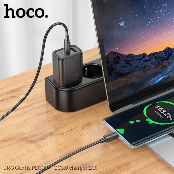 Сетевое зарядное устройство HOCO N63 Gentle PD30W+QC3.0 charger (EU) Black 494154393 фото