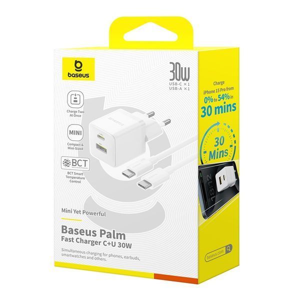 Сетевое зарядное устройство с кабелем Baseus Palm Fast Charger C+U 30W EU Moon White (with USB-C to USB-C 60W (20V/3A) 1m Moon White) 775809691 фото