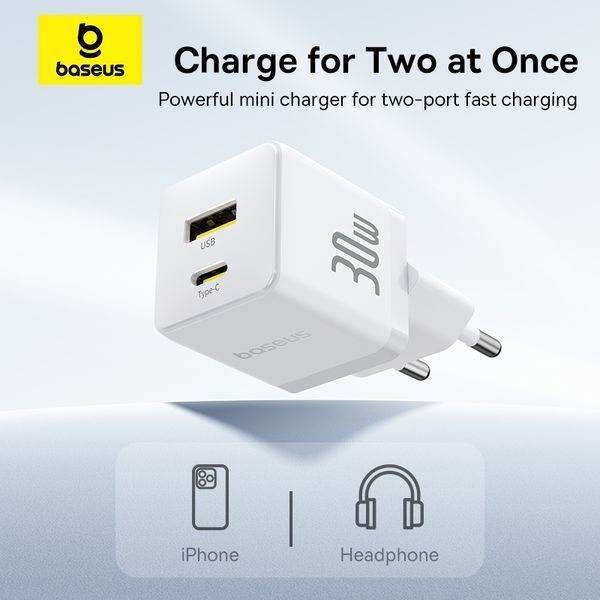 Сетевое зарядное устройство с кабелем Baseus Palm Fast Charger C+U 30W EU Moon White (with USB-C to USB-C 60W (20V/3A) 1m Moon White) 775809691 фото