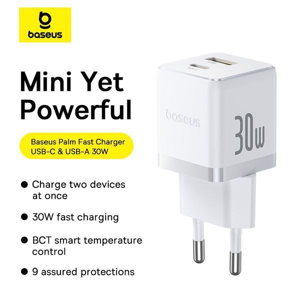 Сетевое зарядное устройство с кабелем Baseus Palm Fast Charger C+U 30W EU Moon White (with USB-C to USB-C 60W (20V/3A) 1m Moon White) 775809691 фото