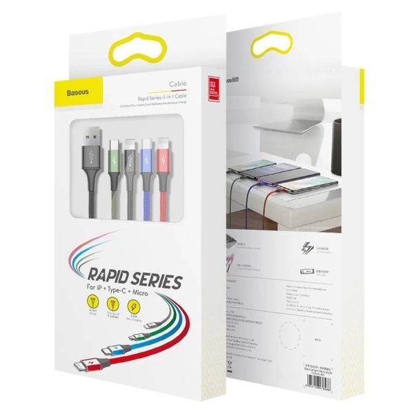 Кабель Baseus Fast 4-in-1 Cable For iP+Type-C(2)+Micro 3.5A 1.2m Black 878860135 фото
