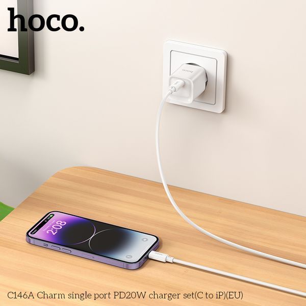 Мережевий зарядний пристрій з кабелем HOCO C146A Charm single port PD20W charger set (C to iP) (EU) White 299752245 фото