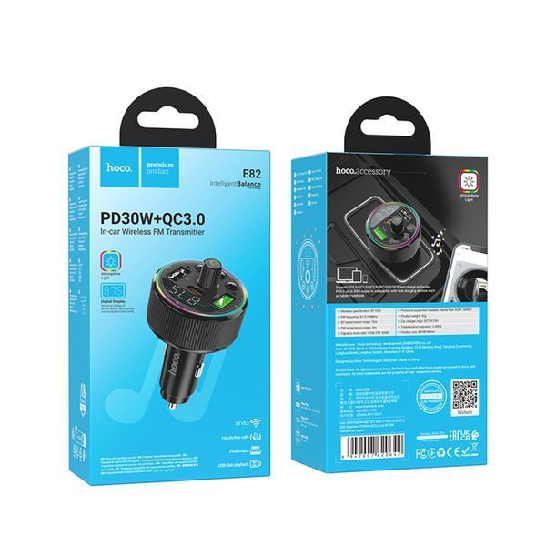 АЗП з FM-модулятором HOCO E82 Guerrero PD30W+QC3.0 car BT FM transmitter Black 887443305 фото