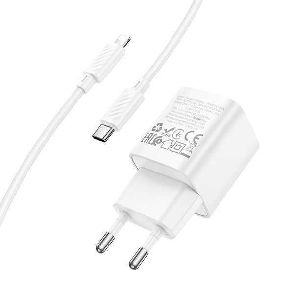 Мережевий зарядний пристрій з кабелем HOCO C146A Charm single port PD20W charger set (C to iP) (EU) White 299752245 фото
