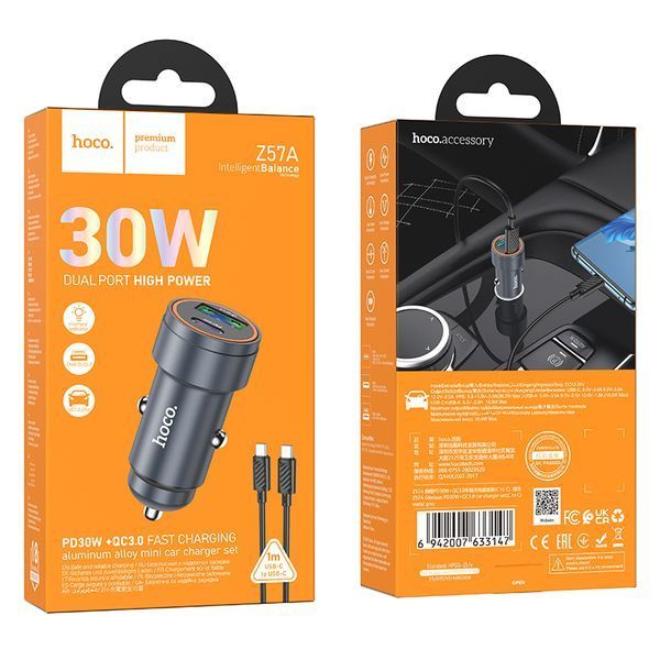 Автомобильное зарядное устройство HOCO Z57A Glorious PD30W+QC3.0 car charger set(C to C) Metal Gray 220069010 фото