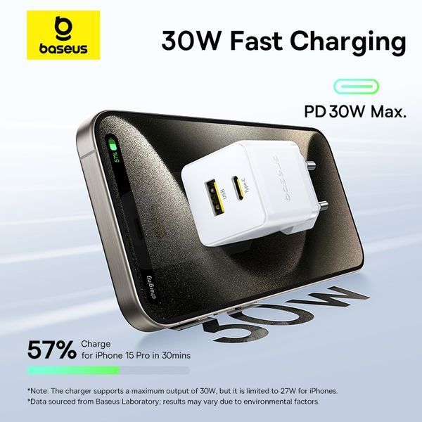 Сетевое зарядное устройство с кабелем Baseus Palm Fast Charger C+U 30W EU Moon White (with USB-C to USB-C 60W (20V/3A) 1m Moon White) 775809691 фото