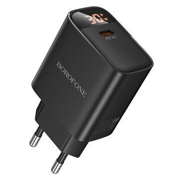 Сетевое зарядное устройство BOROFONE BA97A Ilustre single-port PD30W charger with digital display (EU) Black 105432521 фото