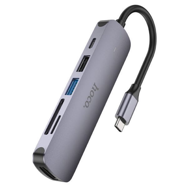 USB-хаб HOCO HB28 Type-C multi-function converter(HDTV+USB3.0+USB2.0+SD+TF+PD) Metal Gray 622996939 фото